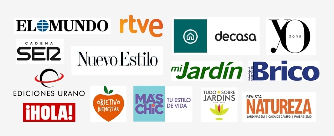 Medios donde ha aparecido Monique Briones: El Mundo, RTVE, Canal Decasa, YO Dona, Cadena SER, Nuevo Estilo, Mi Jardín, Brico, Ediciones Urano, ¡Hola!, Objetivo Bienestar, Más Chic, Tudo Sobre Jardins, Revista Natureza